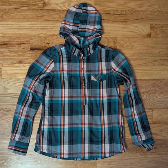 Prana Tops - Prana Plaid Hooded Blouse - Teal, Orange, Gray